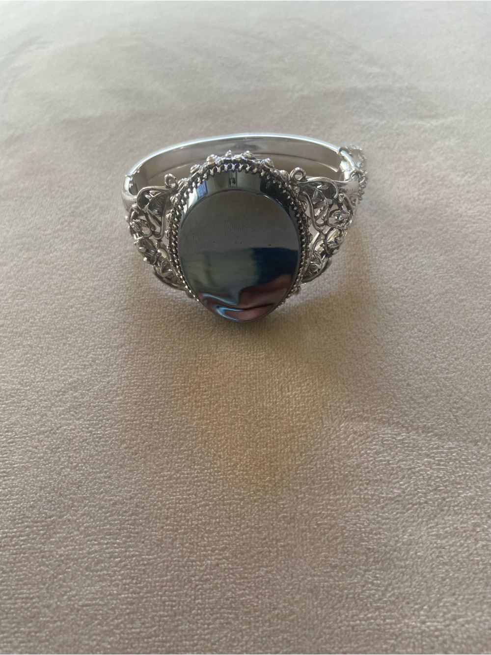 Whiting & Davis Silver Filigree Bracelet with Oval Mirror Plate